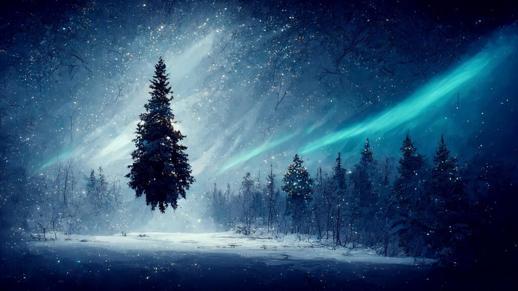 tree, forest, christmas, december, glow, nature, holiday, light, night, winter, magic, christmas tree, digital art, background, ai generated