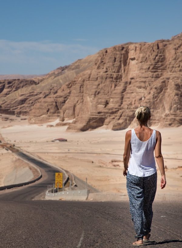 woman, walking, desert, road, sinai, egypt, sky, yellow, ocher, blue, young woman, alone, nature, human, landscape, person, blue sky, tourism, explore