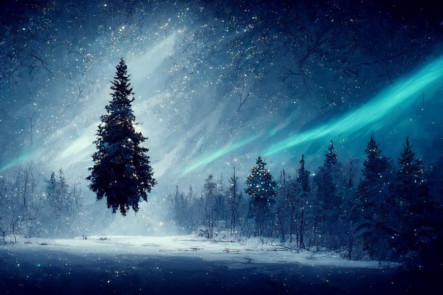 tree, forest, christmas, december, glow, nature, holiday, light, night, winter, magic, christmas tree, digital art, background, ai generated