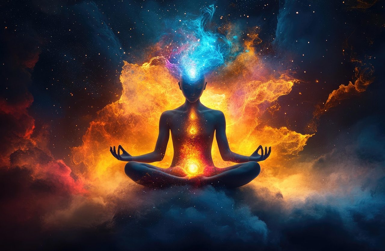 ai generated, spiritual awakening, cosmic, meditation, inner peace, silhouette, figure, spiritual, celestial, energy, cosmic energy, vibrant, colors, chakra, symbol, psychedelic, healing